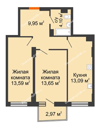 2 комнатная квартира 55,35 м² в ЖК Город у реки, дом Литер 7