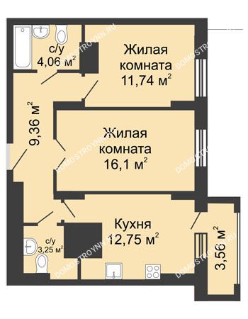 2 комнатная квартира 58,84 м² - ЖК Гелиос