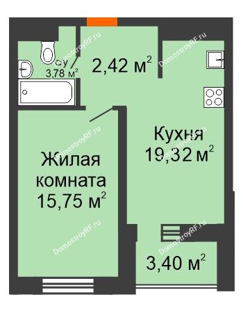 2 комнатная квартира 42,97 м² в ЖК Набережный квартал, дом ГП-4