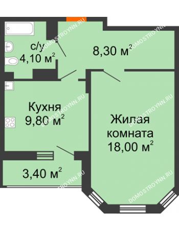 1 комнатная квартира 41,9 м² в ЖК Цветы, дом № 6-2