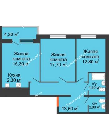 3 комнатная квартира 71 м² в ЖК На Высоте, дом 1 этап