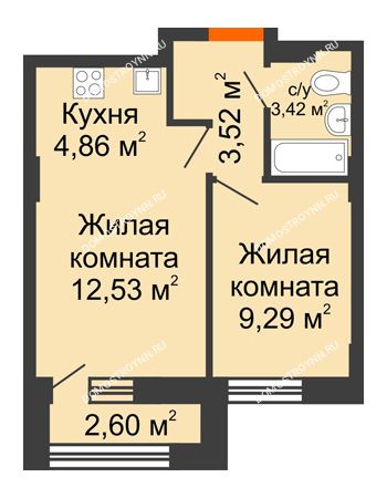2 комнатная квартира 37,57 м² - ЖК Каскад на Куйбышева