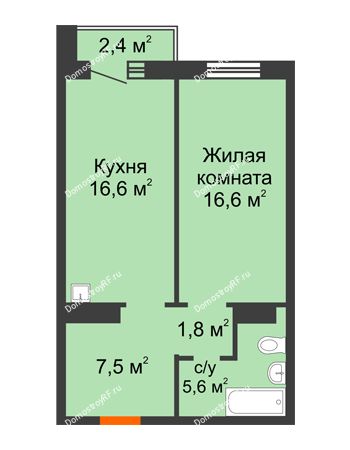 1 комнатная квартира 49,3 м² в ЖК Курчатова, дом № 10.1