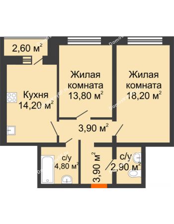 2 комнатная квартира 63 м² в ЖК Шестое чувство, дом 2 очередь 2 позиция