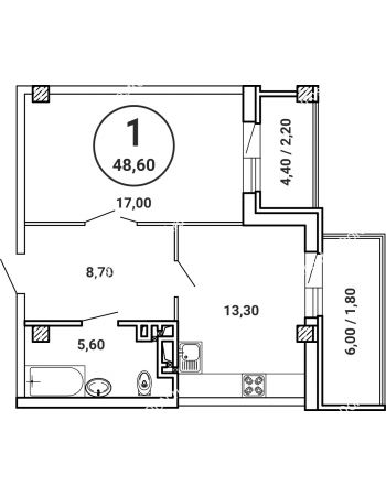 1 комнатная квартира 48,6 м² в ЖК Лебедь, дом № 50
