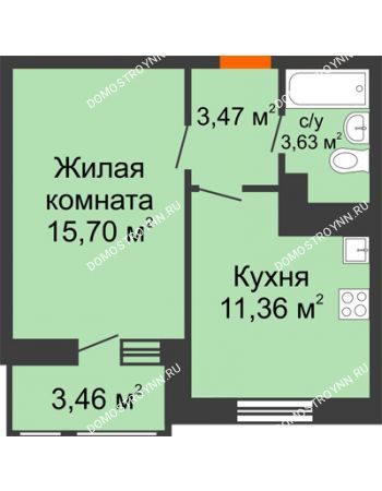 1 комнатная квартира 37,62 м² в ЖК Книги, дом № 1