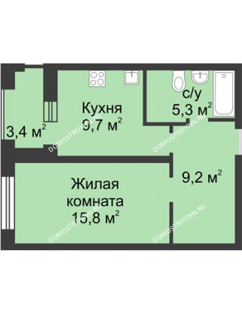 1 комнатная квартира 41,7 м² в ЖК Аквамарин, дом №8