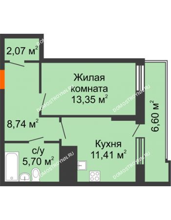 1 комнатная квартира 44,57 м² в ЖК Циолковский, дом № 6