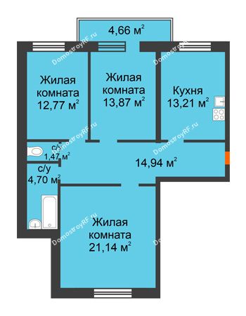 3 комнатная квартира 86,76 м² - ЖК Дом на Троицкой
