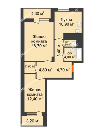 2 комнатная квартира 66,35 м² в ЖК Корица, дом № 1