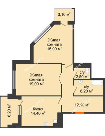 2 комнатная квартира 74,3 м² в ЖК Береговая 2, дом Литер 2