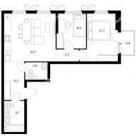 2 комнатная квартира 58,4 м² в ЖК Савин парк, дом корпус 6 - планировка