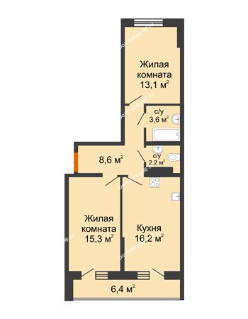 2 комнатная квартира 62,2 м² в ЖК Самолет, дом 2 очередь - Литер 3