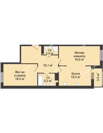 2 комнатная квартира 78,85 м² в ЖК Сердце Нижнего, дом № 35