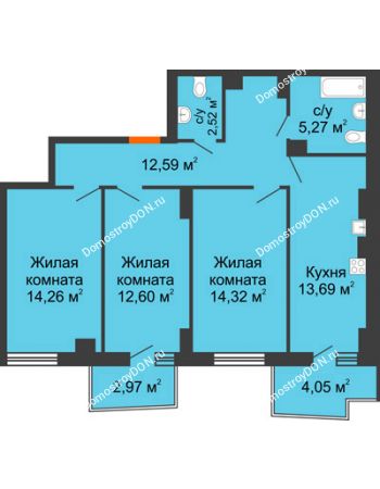 3 комнатная квартира 76,87 м² в ЖК Город у реки, дом Литер 7