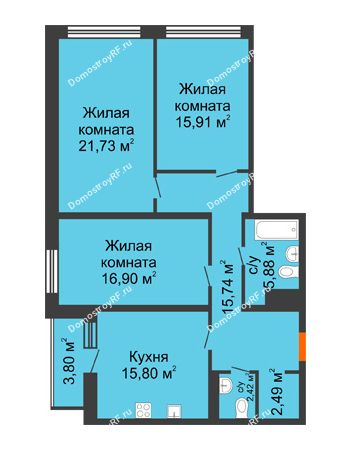 3 комнатная квартира 98,76 м² в ЖК Бунин, дом 1 этап, секции 11,12,13,14