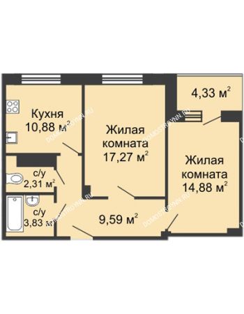 2 комнатная квартира 60,48 м² в ЖК Облака, дом № 1