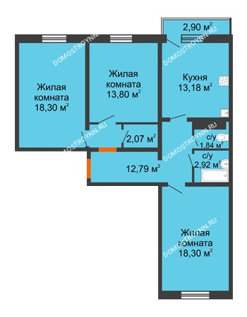 3 комнатная квартира 84,07 м² в ЖК Бурнаковский, дом № 47