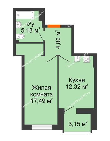 1 комнатная квартира 41,43 м² в ЖК Аврора, дом № 3
