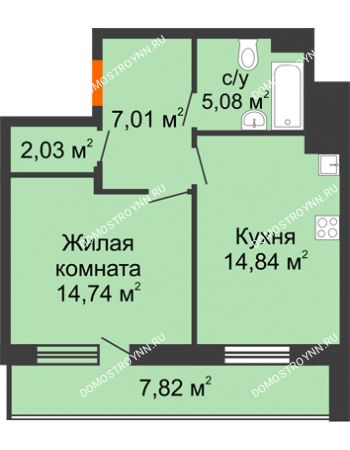 1 комнатная квартира 47,61 м² в ЖК Циолковский, дом № 3