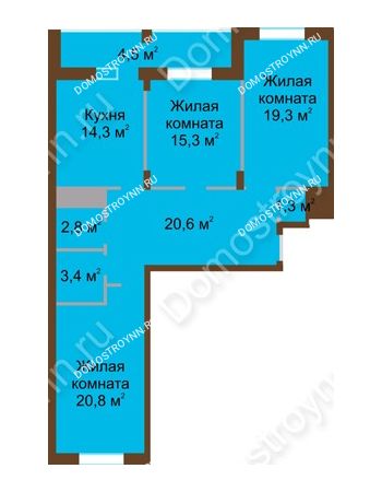 3 комнатная квартира 102,3 м² в ЖК Монолит, дом № 89, корп. 1, 2