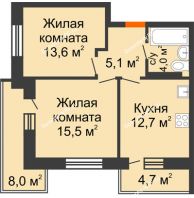 2 комнатная квартира 54,7 м² в ЖК Отражение, дом Литер 2.1 - планировка
